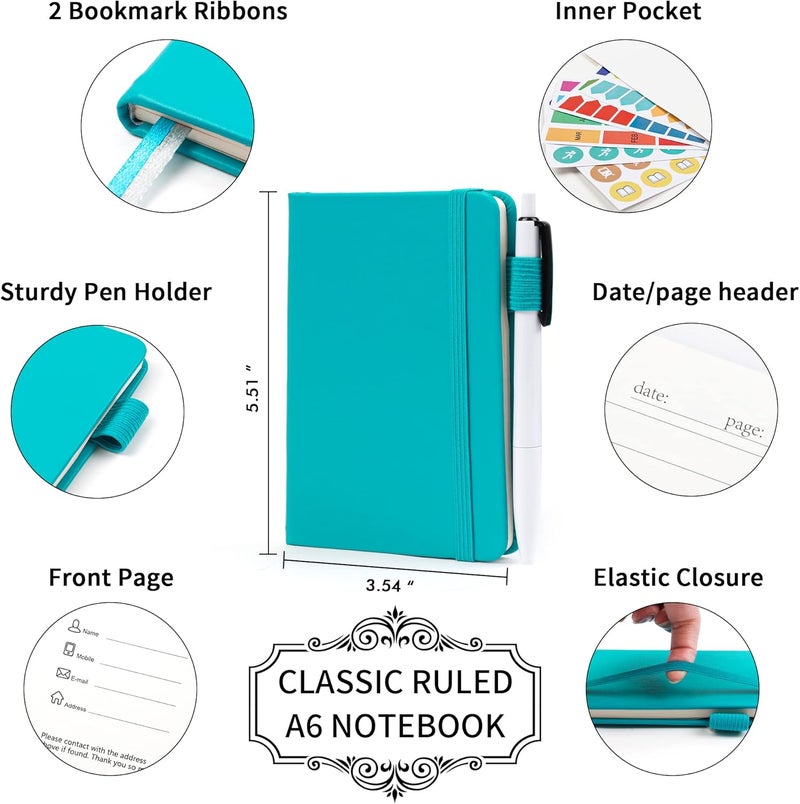 Feela 15 Pack Pocket Small Notebooks Bulk, Mini Cute Notepads Hardcover College Ruled Lined Journals with Pen Holder for School Business Memos, with 15 Black Pens, 3.5”x 5.5”, A6, Emerald - Image 2